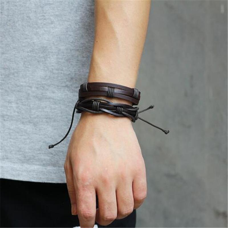 Brown Leather Bracelet in Rock Style & Braided Rope Wristband Set of 5 PCs - HARD'N'HEAVY