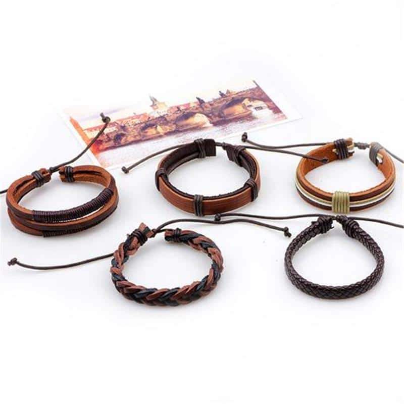 Set of 5 brown leather braided rock style bracelets for men and women, featuring hidden clasps and adjustable sizes.