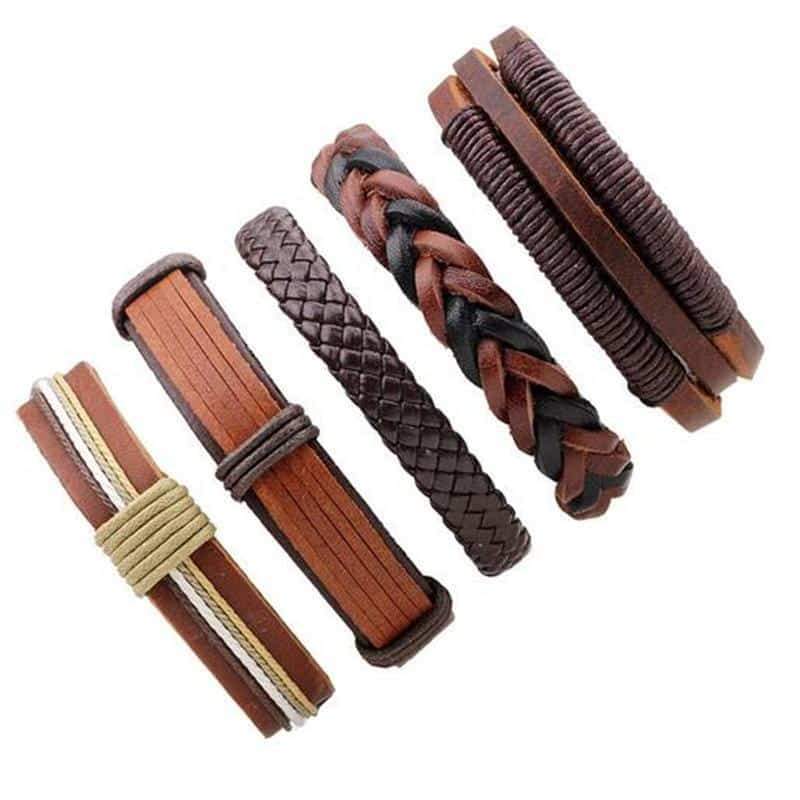 Brown leather braided bracelet set with 5 pieces in rock style for men and women, featuring a hidden clasp.