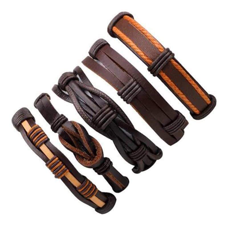 Set of 5 brown leather bracelets in rock style, including braided and charm designs for men.