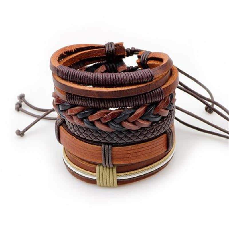 Set of 5 brown leather braided bracelets in rock style, perfect for men and women, featuring diverse textures and colors.