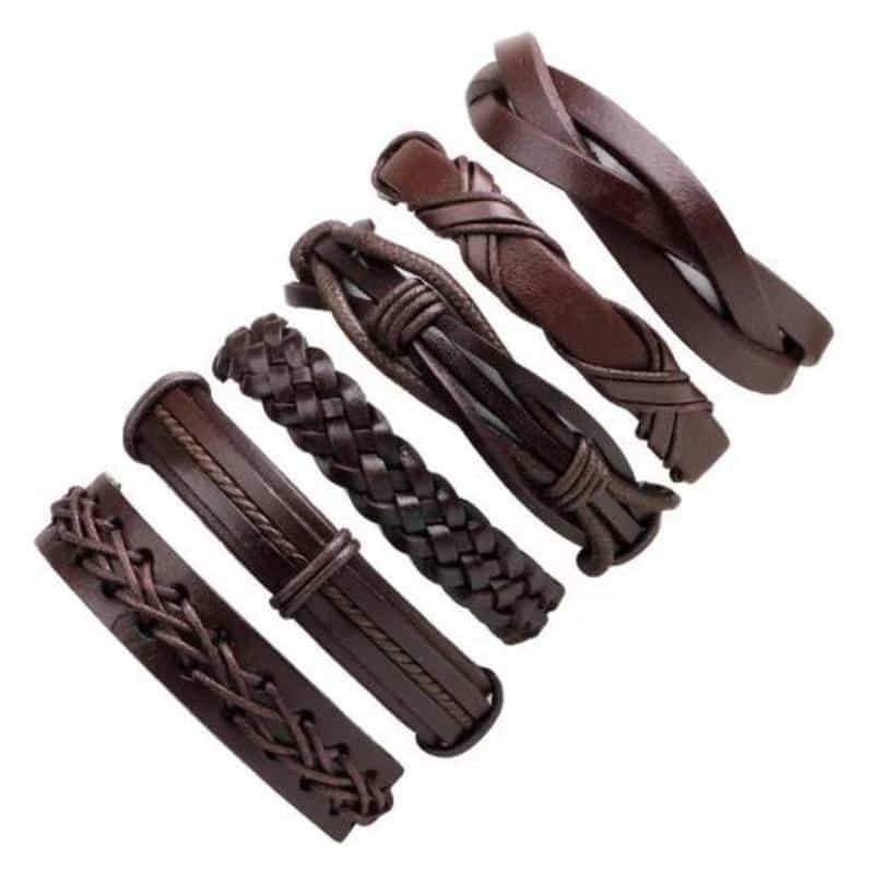 Brown Leather Bracelet in Rock Style & Braided Rope Wristband Set of 6 PCs - HARD'N'HEAVY