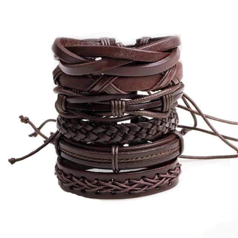 Brown Leather Bracelet in Rock Style & Braided Rope Wristband Set of 6 PCs - HARD'N'HEAVY
