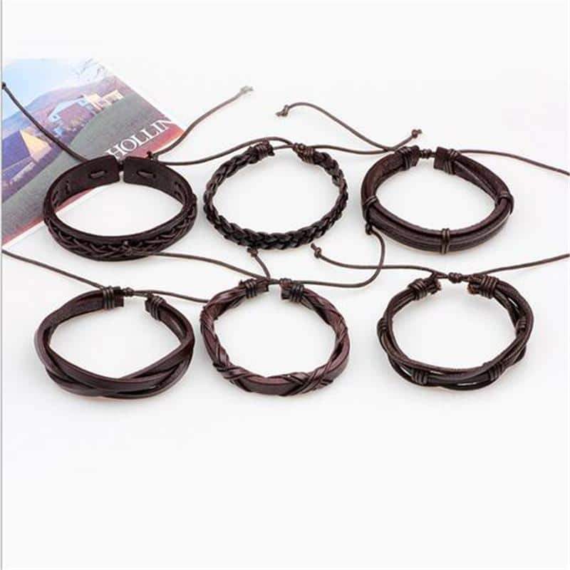 Brown Leather Bracelet in Rock Style & Braided Rope Wristband Set of 6 PCs - HARD'N'HEAVY