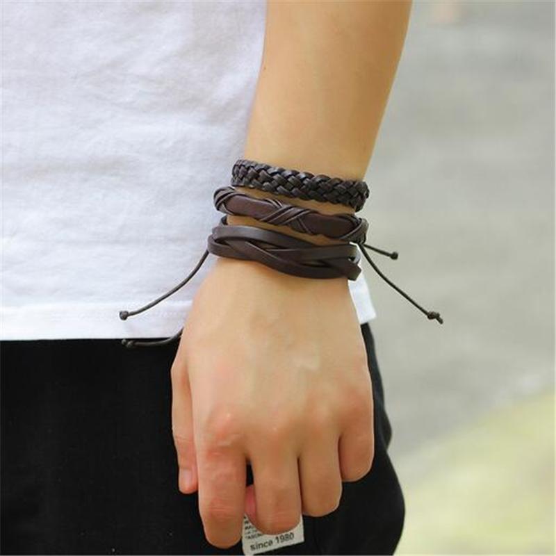 Brown Leather Bracelet in Rock Style & Braided Rope Wristband Set of 6 PCs - HARD'N'HEAVY
