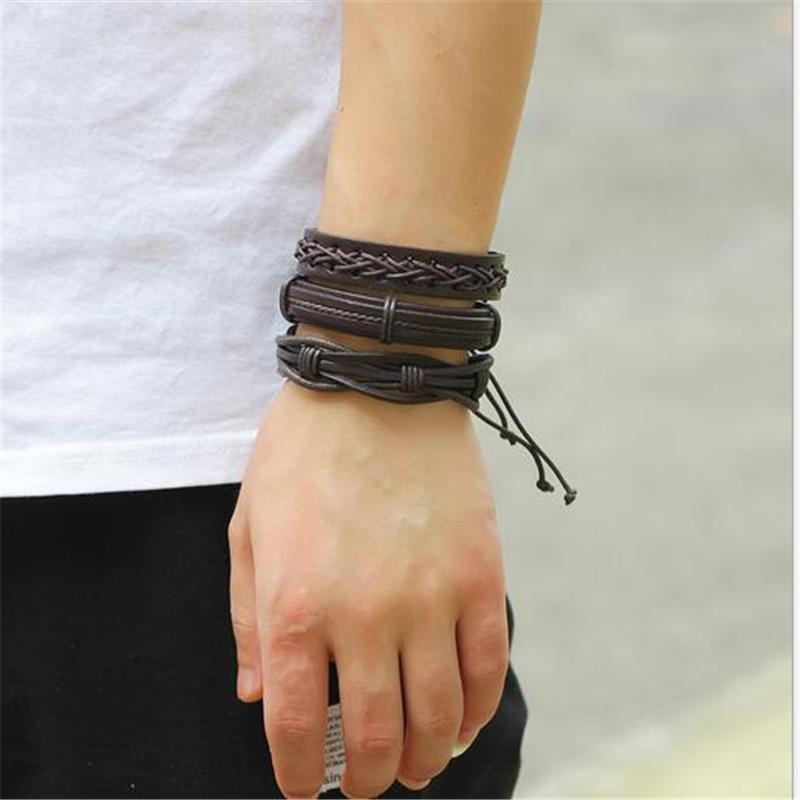 Brown Leather Bracelet in Rock Style & Braided Rope Wristband Set of 6 PCs - HARD'N'HEAVY