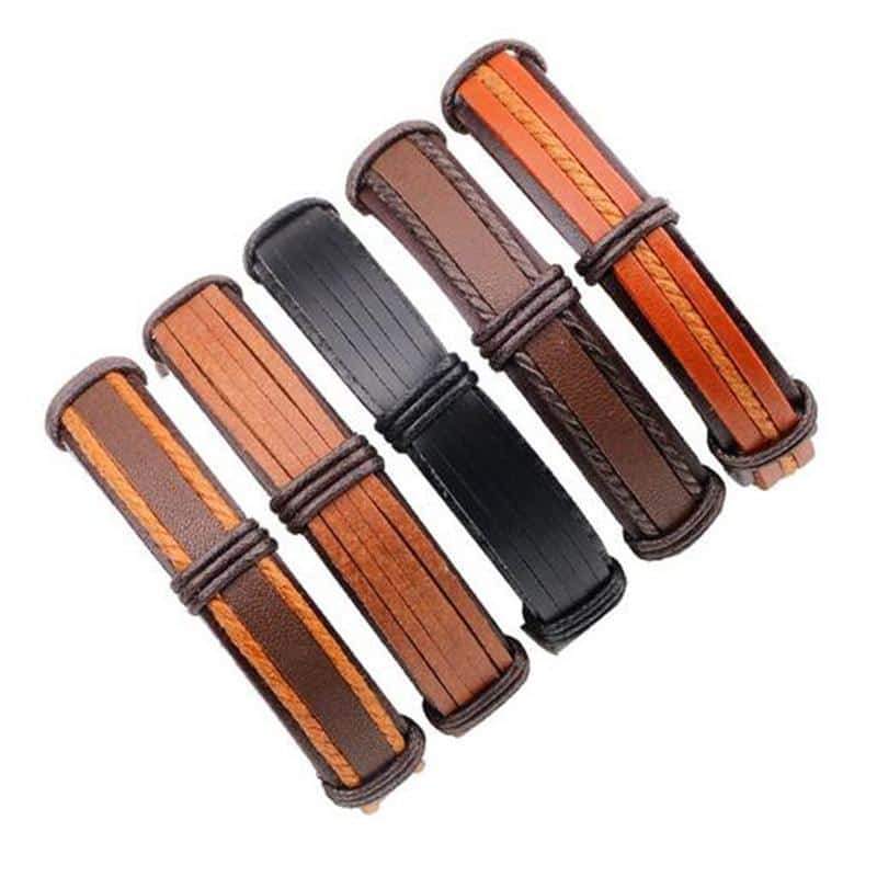 Set of 5 brown leather rock style bracelets for men, featuring unique designs and adjustable sizes.