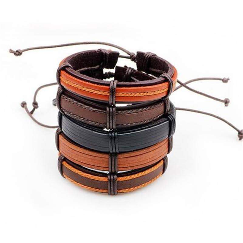 Brown leather bracelet set of 5 in rock style, featuring adjustable design for men, made of knitted artificial leather.
