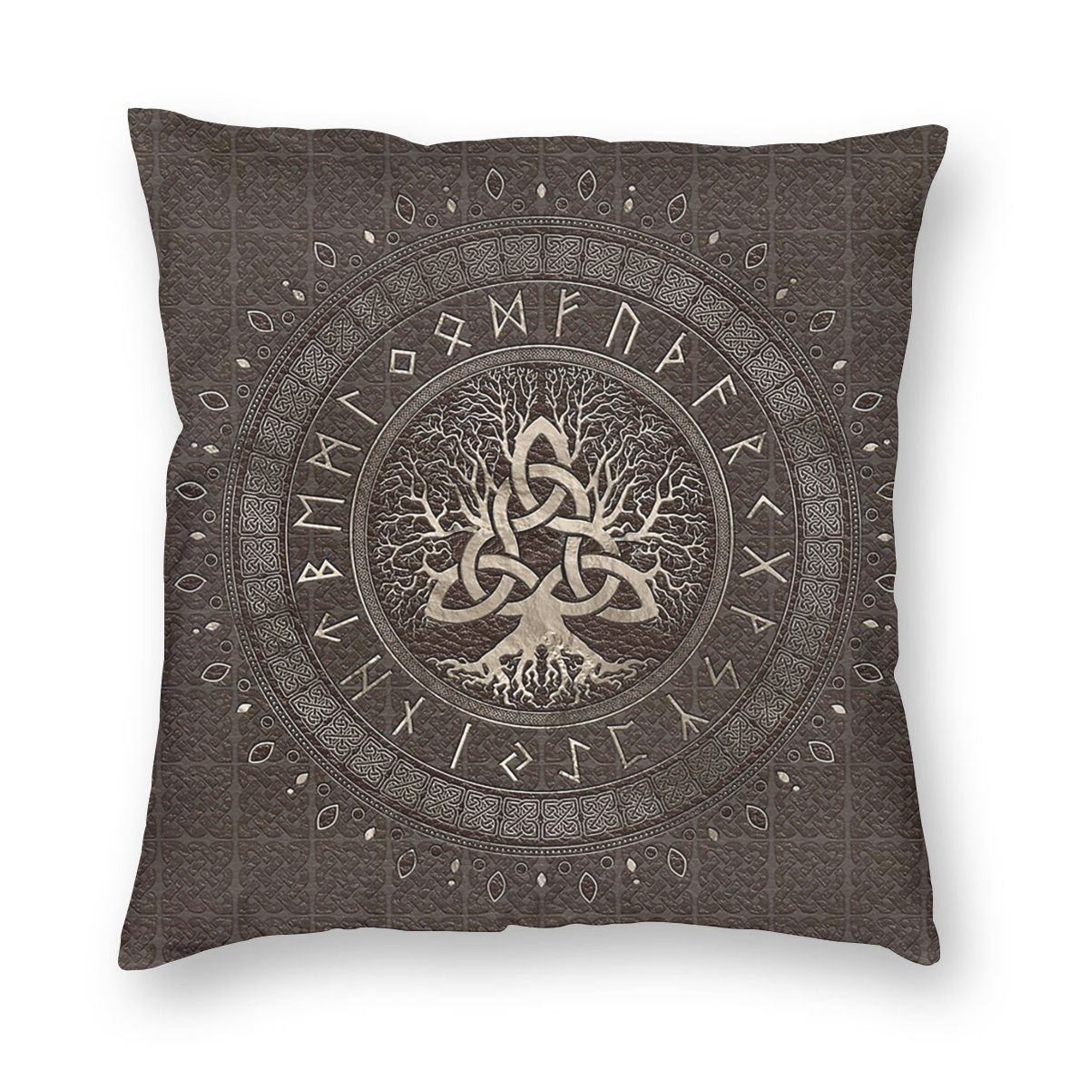 Brown Pillow Case Tree Of Life With Triquetra / Decoration Pillow with symbols of Vikings Valhalla - HARD'N'HEAVY