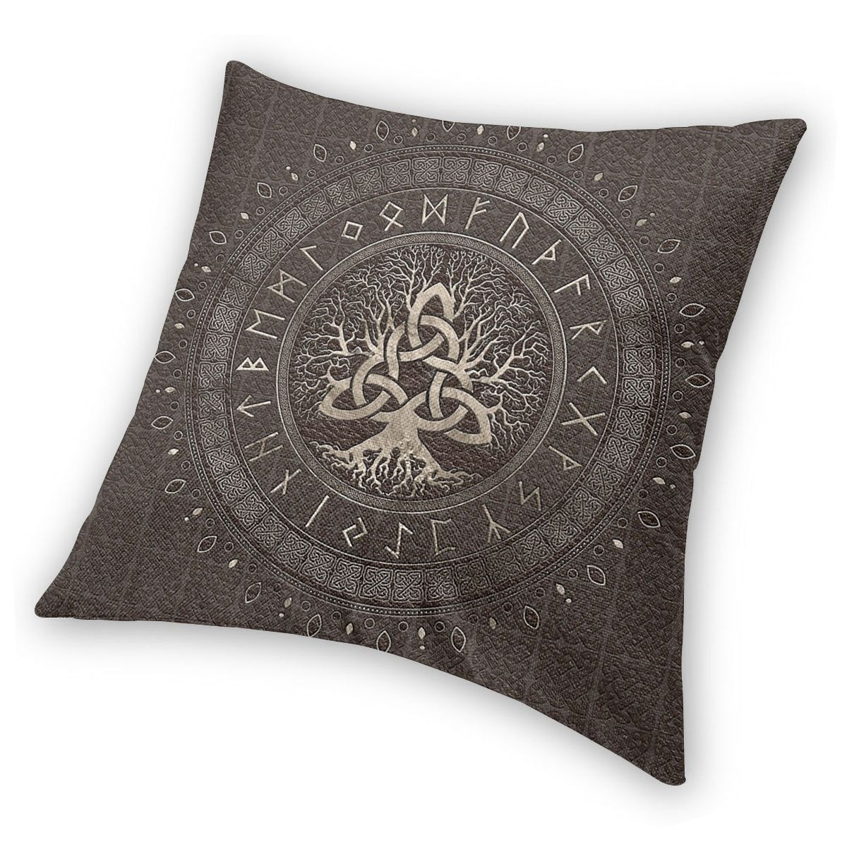 Brown Pillow Case Tree Of Life With Triquetra / Decoration Pillow with symbols of Vikings Valhalla - HARD'N'HEAVY