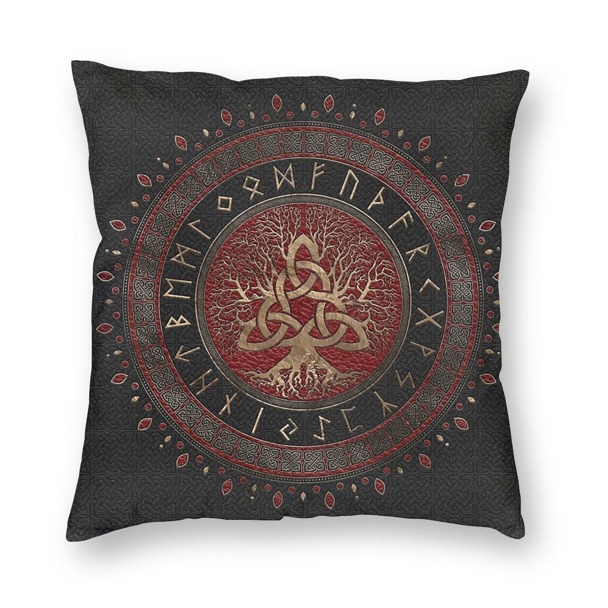 Brown pillowcase featuring Tree of Life and Triquetra design in Viking style, perfect for vintage home decor.