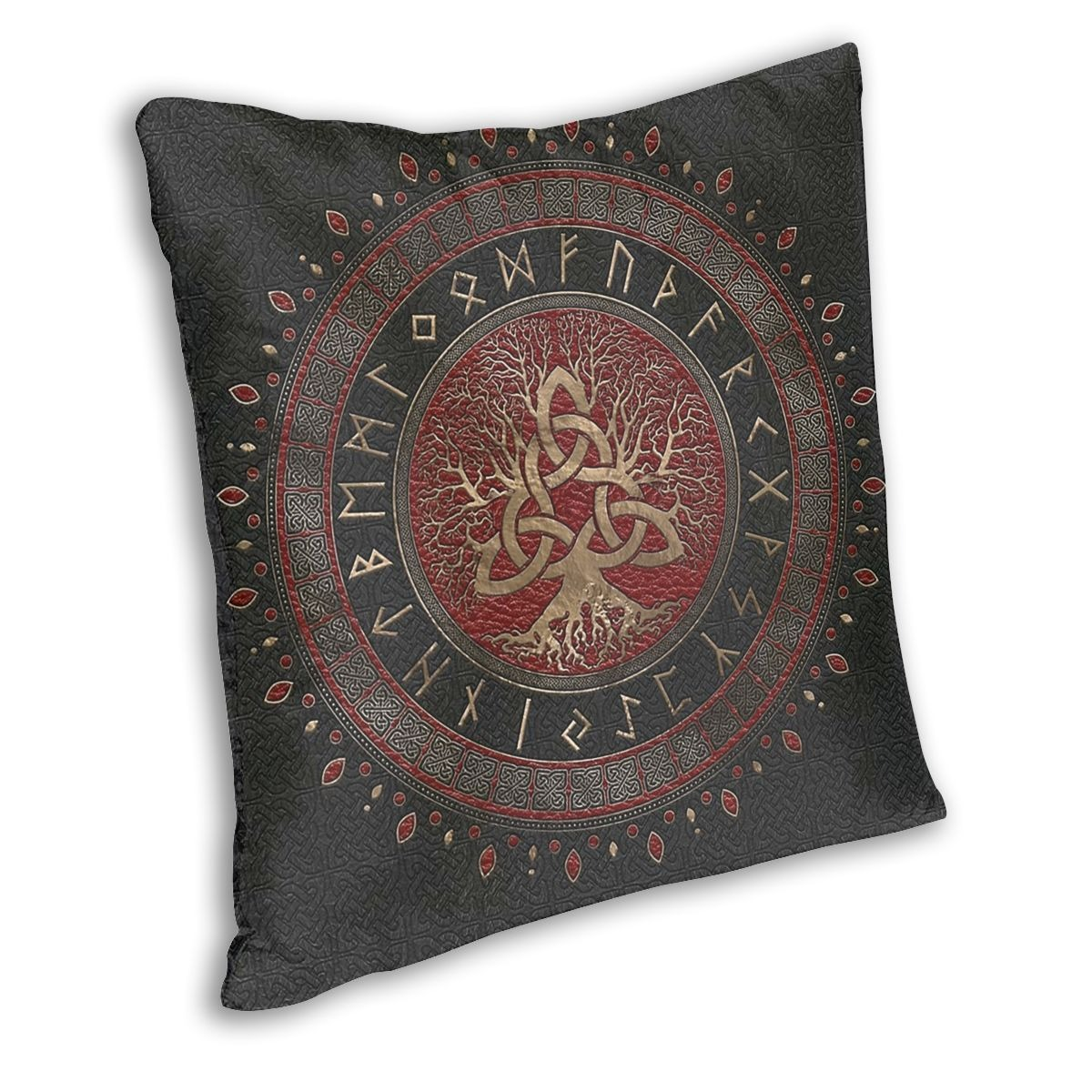Brown pillow case featuring Tree of Life and Triquetra design, perfect vintage Viking style home decor.