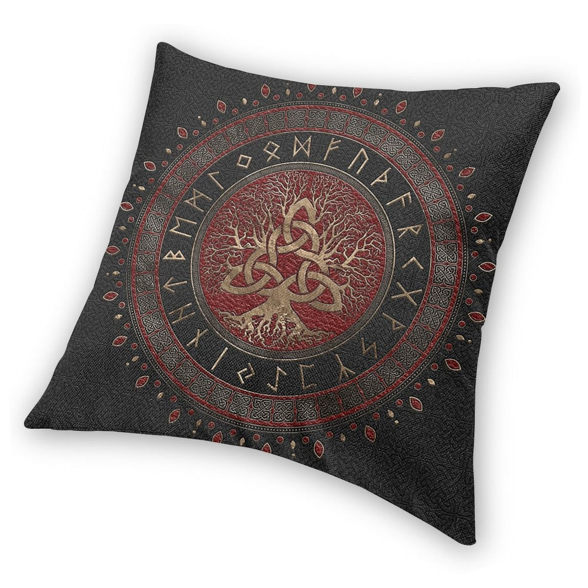 Brown pillow case featuring a vintage Tree of Life and Viking symbols, perfect for home decoration.