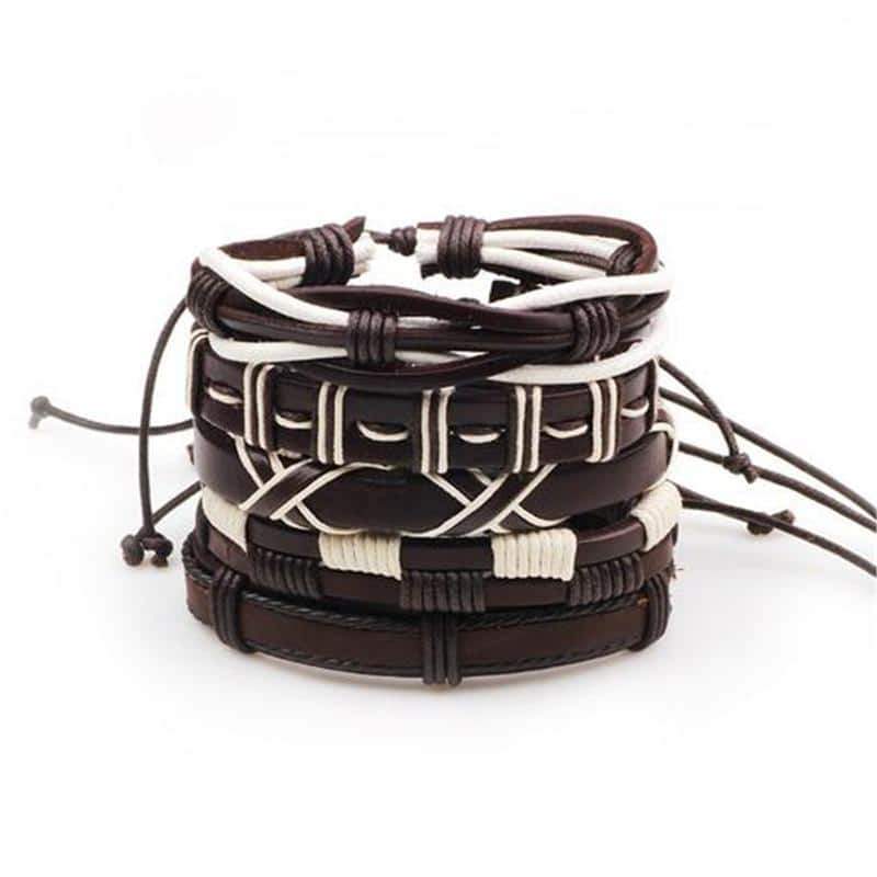 Brown and white braided leather bracelets in rock style, set of 5 pcs for unique men's fashion.