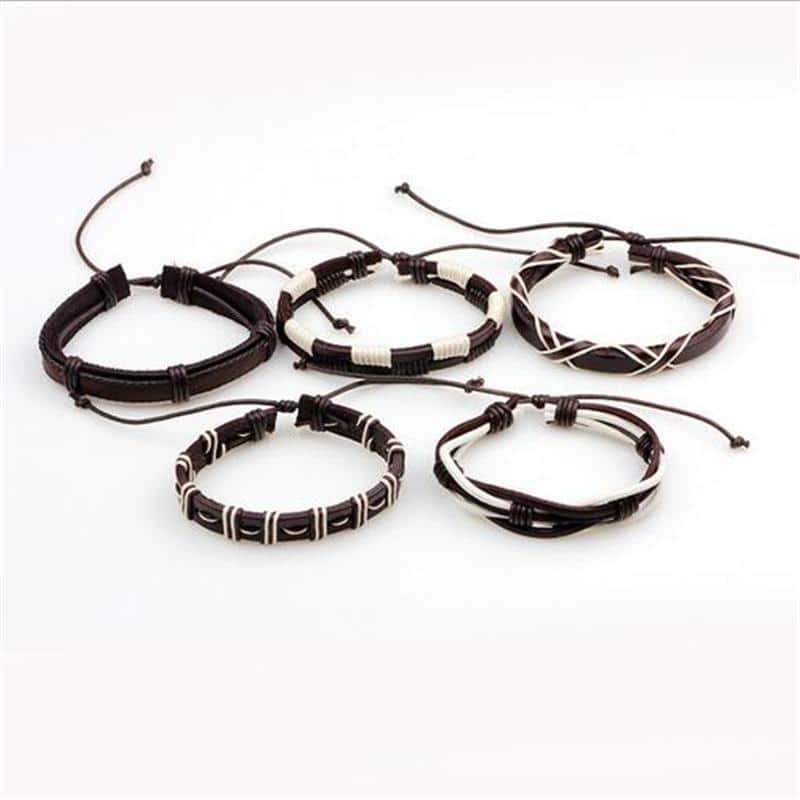 Set of 5 brown and white leather bracelets in rock style, perfect for men's fashion accessories.