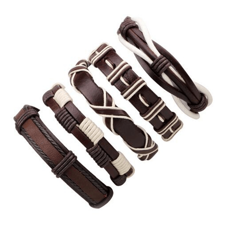 Set of 5 brown and white leather bracelets in rock style, featuring braided and woven designs for men and women.