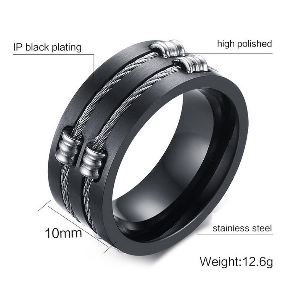Brushed 316L stainless steel unisex ring with cable wire design, IP black plating, and polished finish.