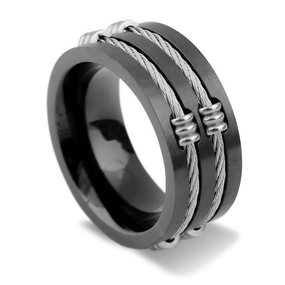 Brushed 316L stainless steel unisex ring with cable wire design, stylish alternative jewelry for men and women.