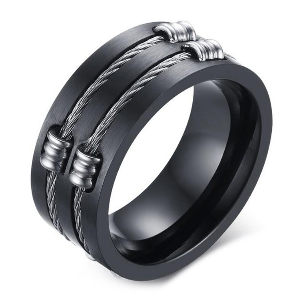 Brushed black stainless steel unisex ring with cable wire design, perfect for alternative jewelry lovers.
