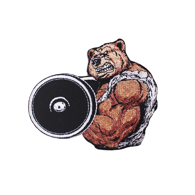 Brutal bodybuilder bear patch with a barbell, stylish unisex accessory for jackets in alternative fashion.