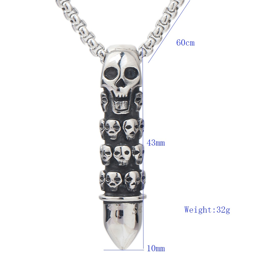 Cool bullet shape pendant necklace with intricate skull engravings for alternative fashion lovers.