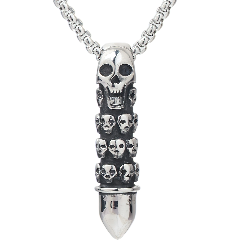 Bullet Shape Pendant Necklace Engraved with Sculls / Alternative Fashion Jewelry - HARD'N'HEAVY