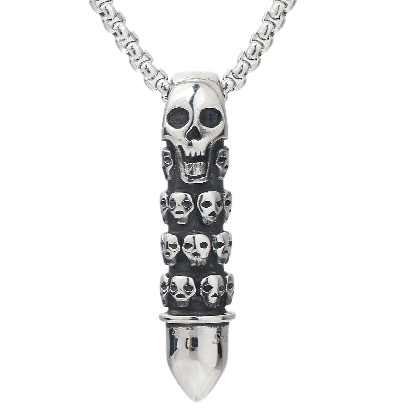 Cool bullet-shaped pendant necklace with engraved skulls, perfect for alternative fashion lovers.
