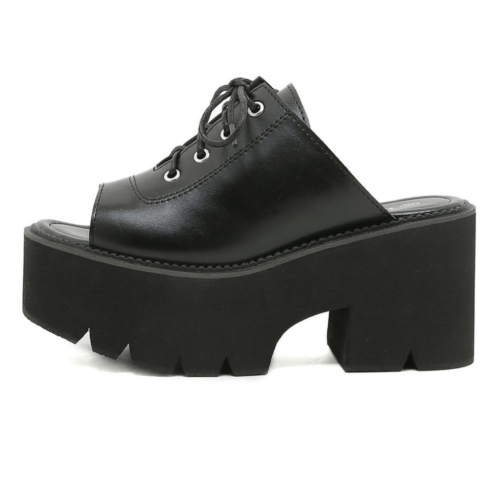 Black leather open-toe mules sandals for women with platform soles and lace-up design, perfect for gothic style.