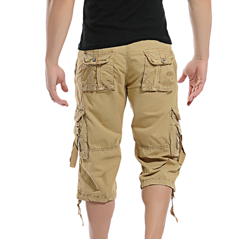 Back view of men's camel camouflage cargo shorts with pockets, perfect for outdoor adventures and casual summer wear.