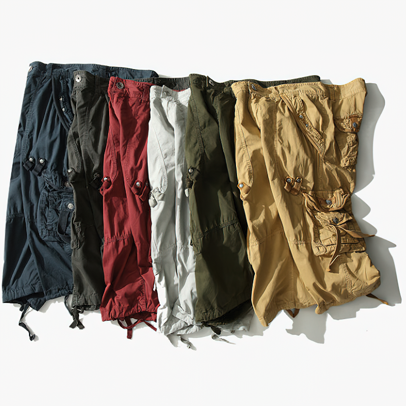 Variety of camouflage loose cargo shorts for men in different colors, perfect for outdoor activities and summer adventures.