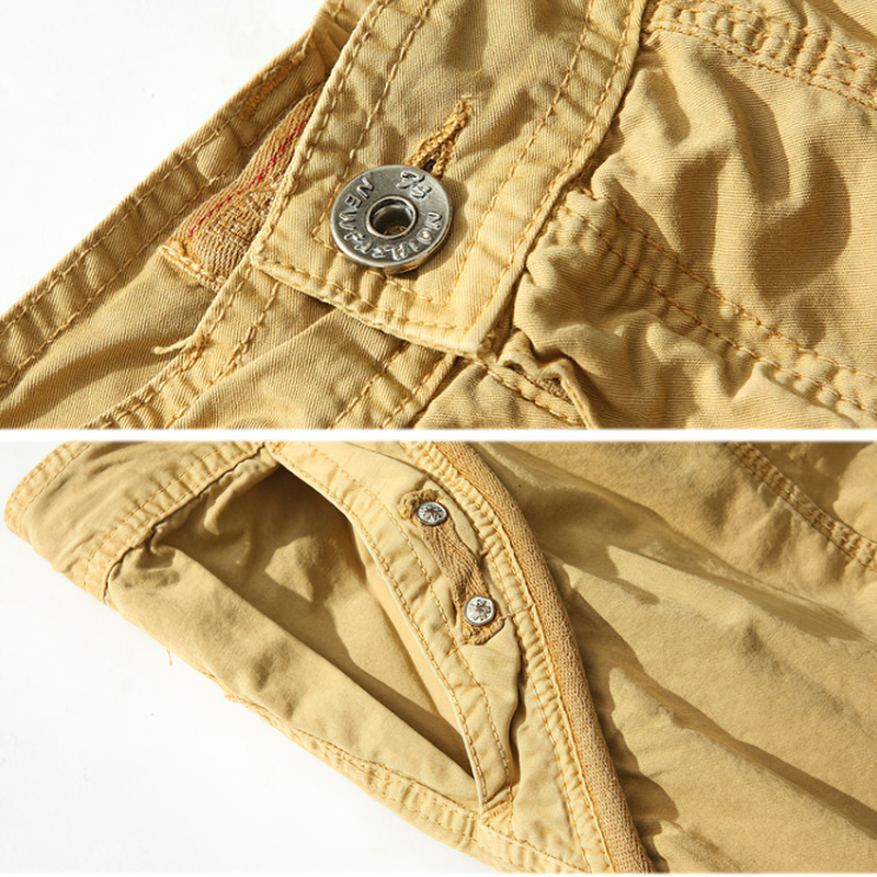 Close-up of buttons and fabric on camouflage loose cargo shorts for men, showcasing quality and detail.
