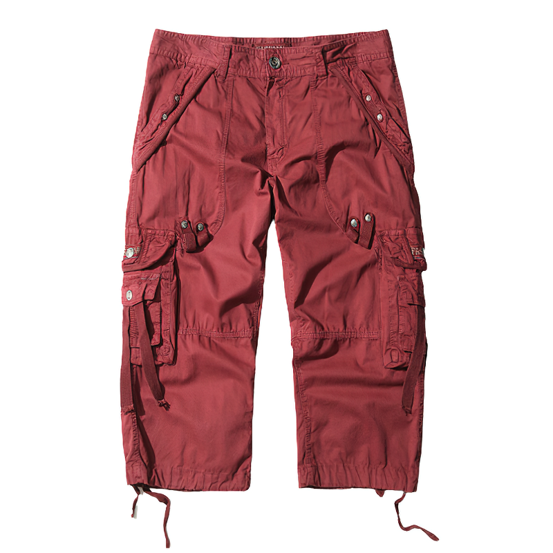 Stylish red cargo shorts for men with multiple pockets, perfect for outdoor adventures and casual outings.