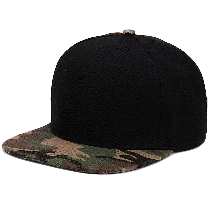 Black snapback baseball cap with camouflage brim for men and women, adjustable polyester summer hat.