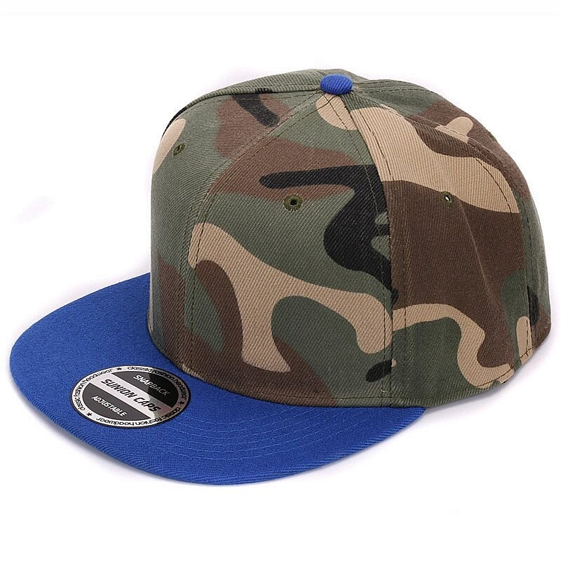 Blue and camouflage snapback baseball cap, adjustable polyester hat for men and women.