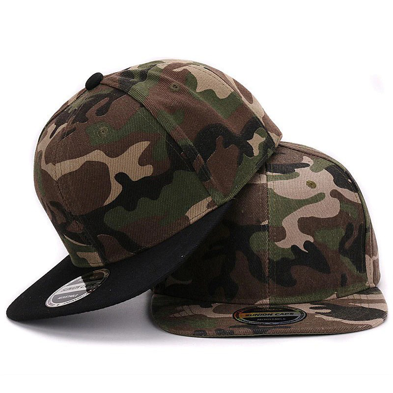 Two camouflage snapback baseball caps, featuring military style design, perfect for men and women, adjustable fit.