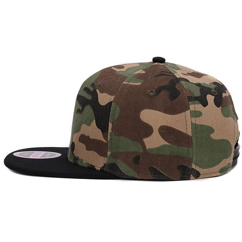 Adjustable camouflage baseball cap with black brim, stylish military design for men and women.