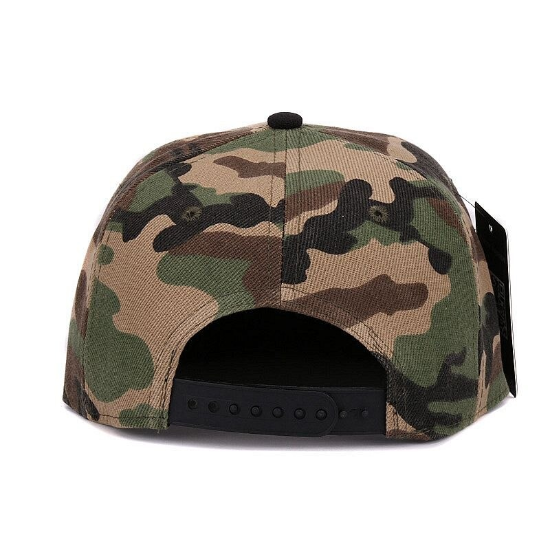 Back view of camouflage snapback baseball cap with adjustable strap, perfect for men's and women's casual style.