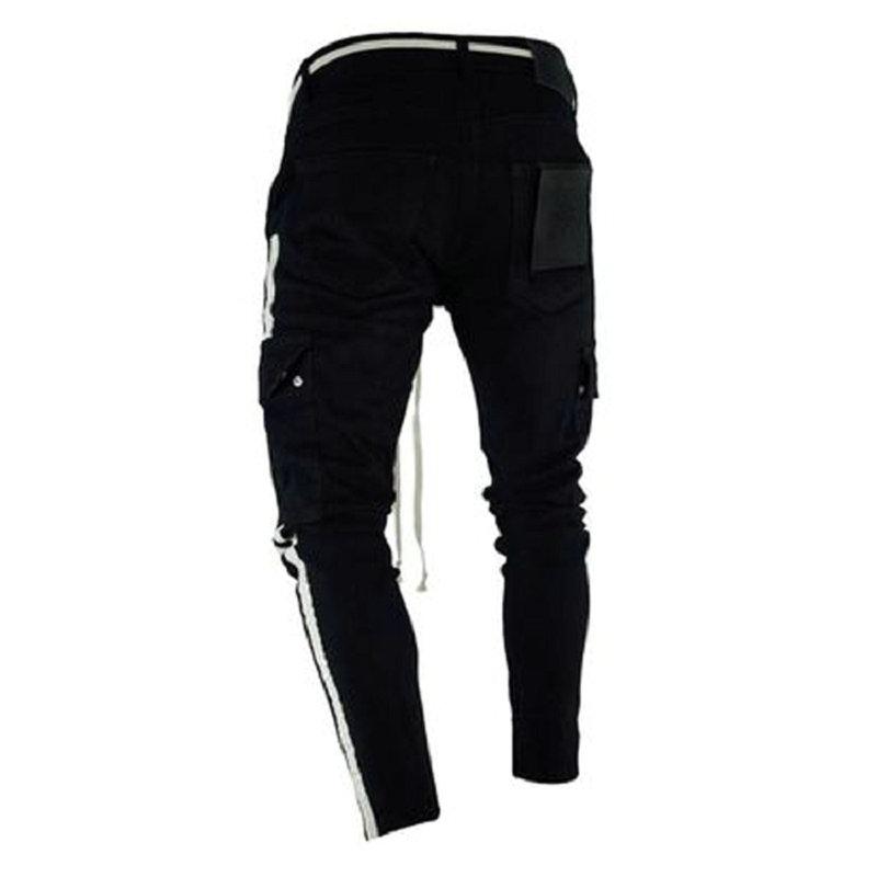 Black slim fit joggers with zip pockets and side stripe, perfect for casual and athletic wear.