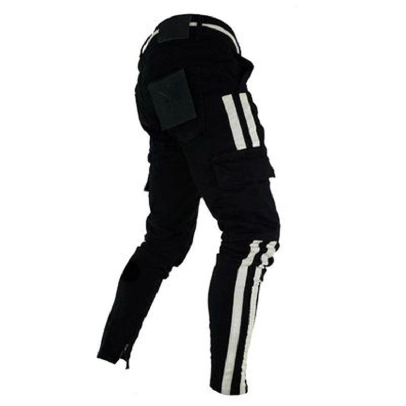 Men's slim-fit joggers with side stripes, zip pockets, perfect for sports and casual wear in black.