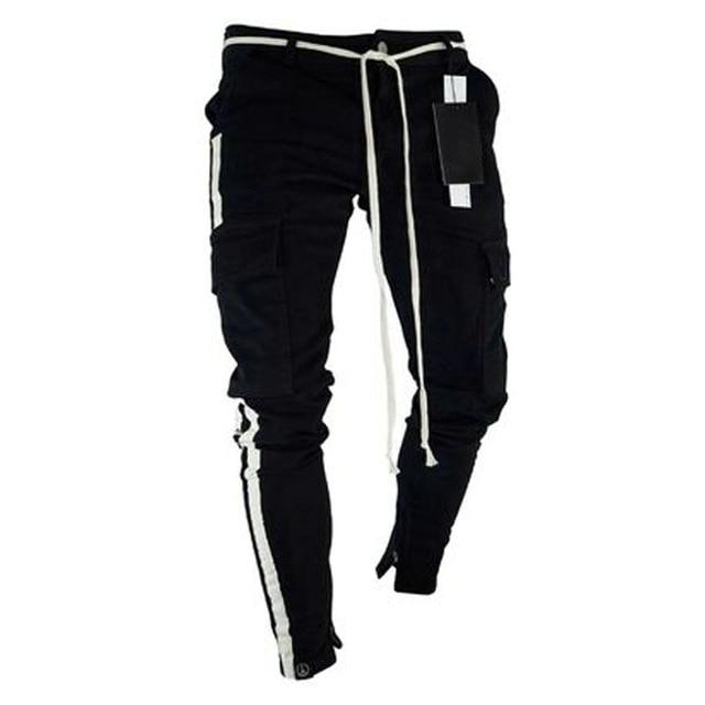 Black slim-fit joggers with side stripes and multiple pockets, perfect for casual wear and exercise.