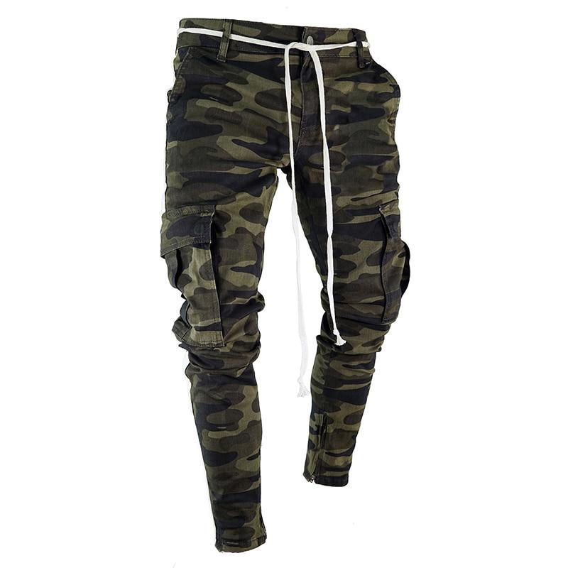 Camouflage men's slim-fit joggers with multi-pockets and elastic waist, perfect for sports and casual wear.