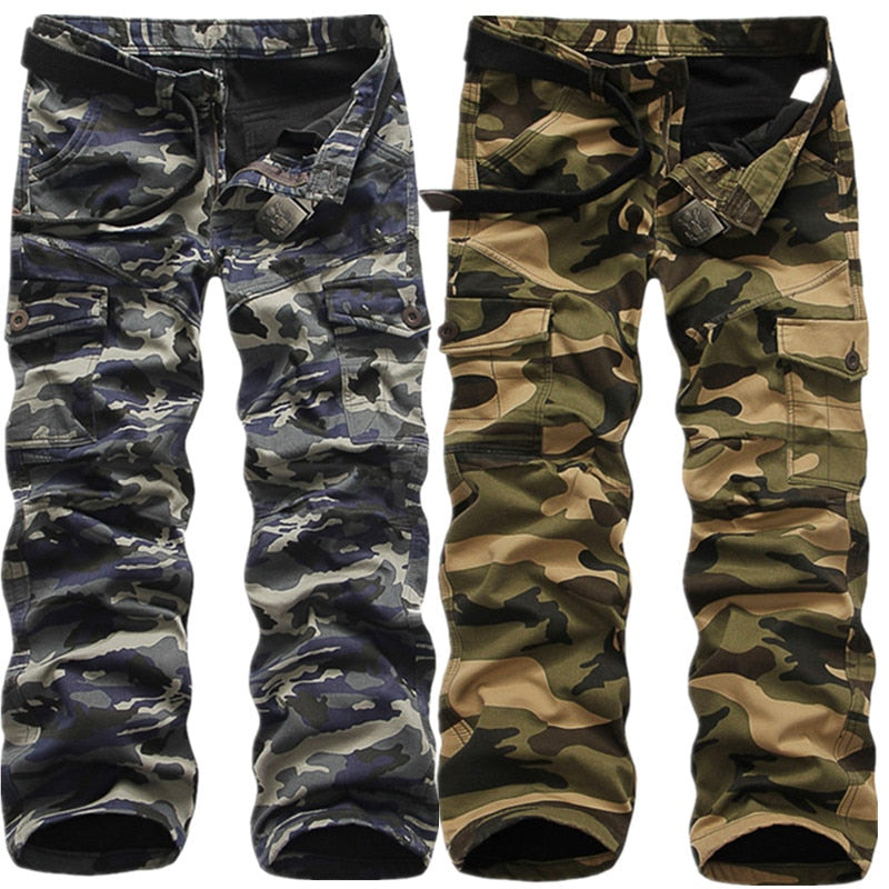 Men's camouflage tactical pants in navy and green, ideal for military style, comfortable cotton fabric, perfect for outdoor activities.