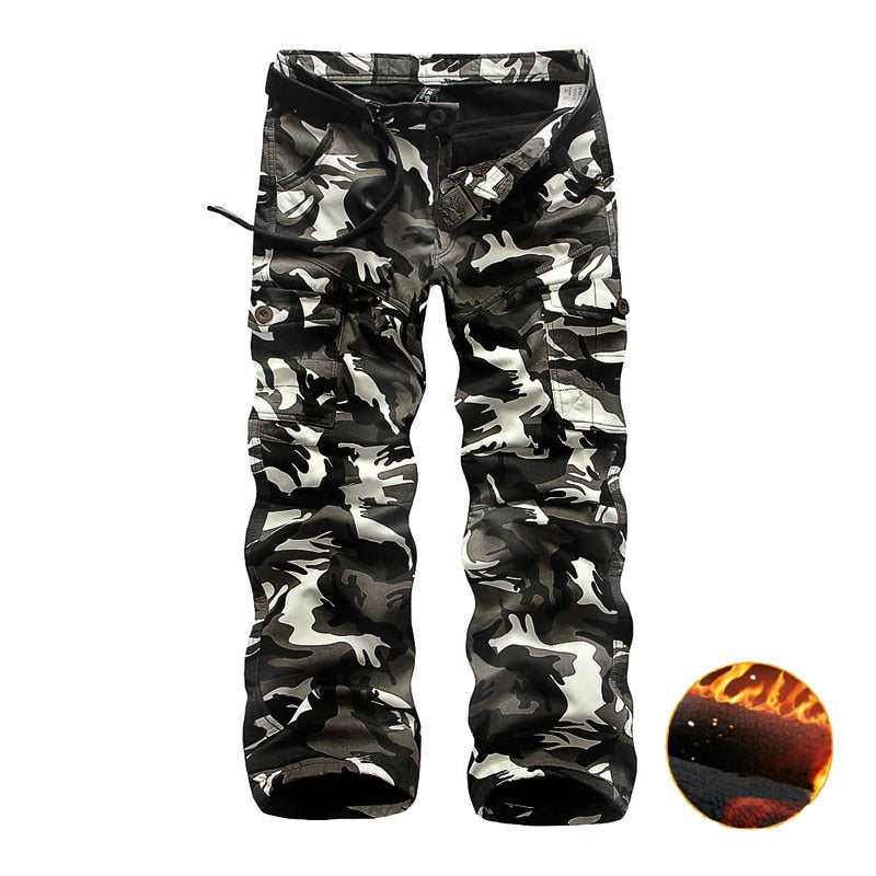 Camouflage tactical pants in black and white military style, made of cotton, featuring multiple pockets for practical use.
