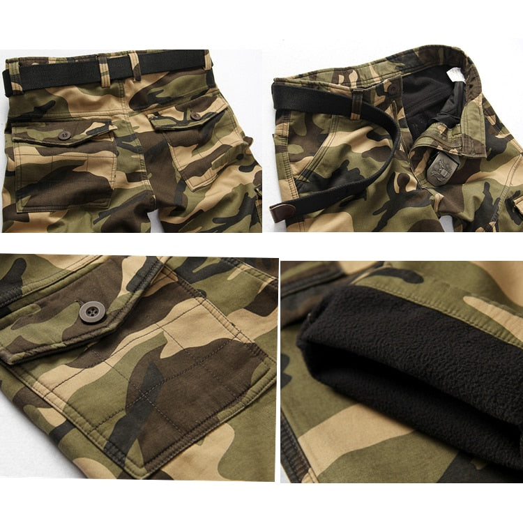 Camouflage tactical pants featuring multiple pockets and durable cotton material, perfect for military style and outdoor activities.