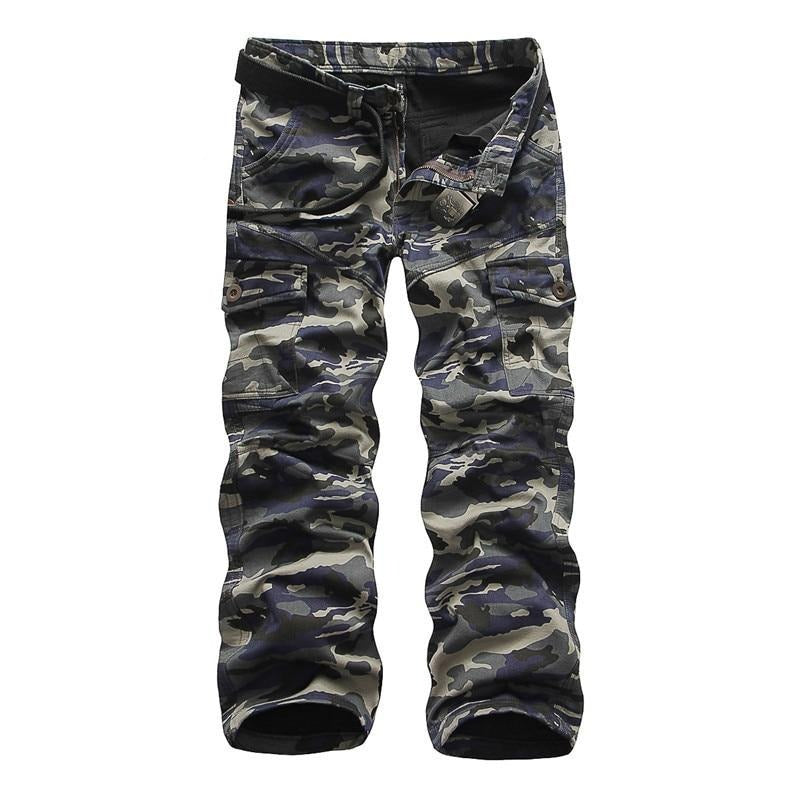 Camouflage tactical pants for men, featuring pockets and made of durable cotton, perfect for outdoor and military wear.