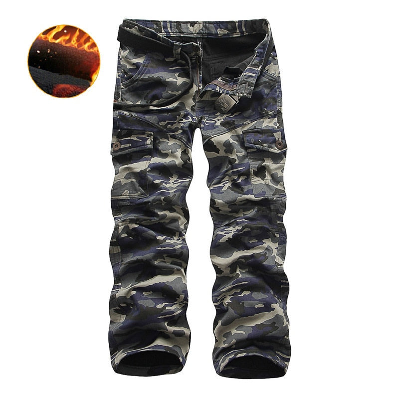 Camouflage tactical pants for men in cotton, featuring multiple pockets and durable design, perfect for military-style wear.