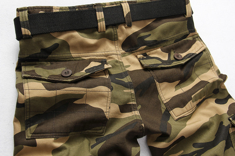 Close-up of camo tactical pants showing the back pockets and waistband detail.