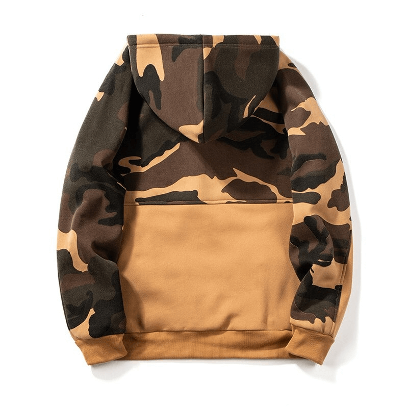 Men's camouflage fleece hoodie in patchwork design, featuring a warm hood and stylish color-blocking.