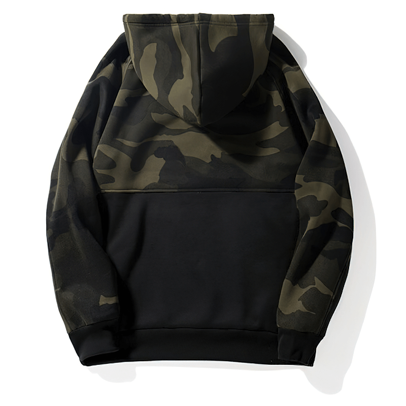 Men's camouflage fleece hoodie showcasing patchwork design, perfect for alternative fashion and warmth.