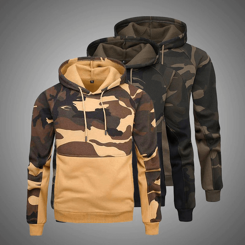 Stylish men's camouflage hoodies in patchwork style, perfect for alternative fashion and warmth.